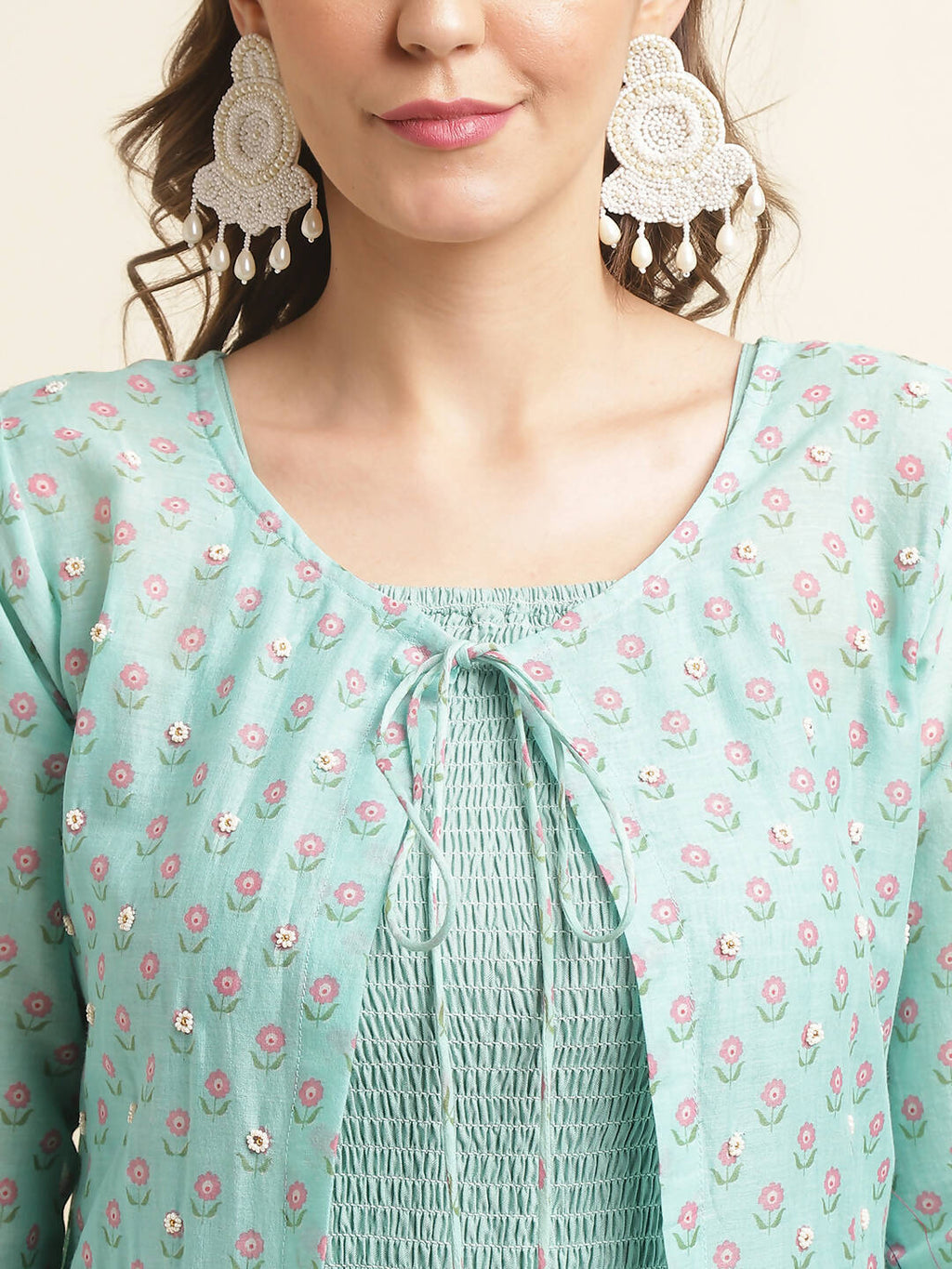 Sea Green Cotton Solid Flared Dress with Printed Shrug - Yukti