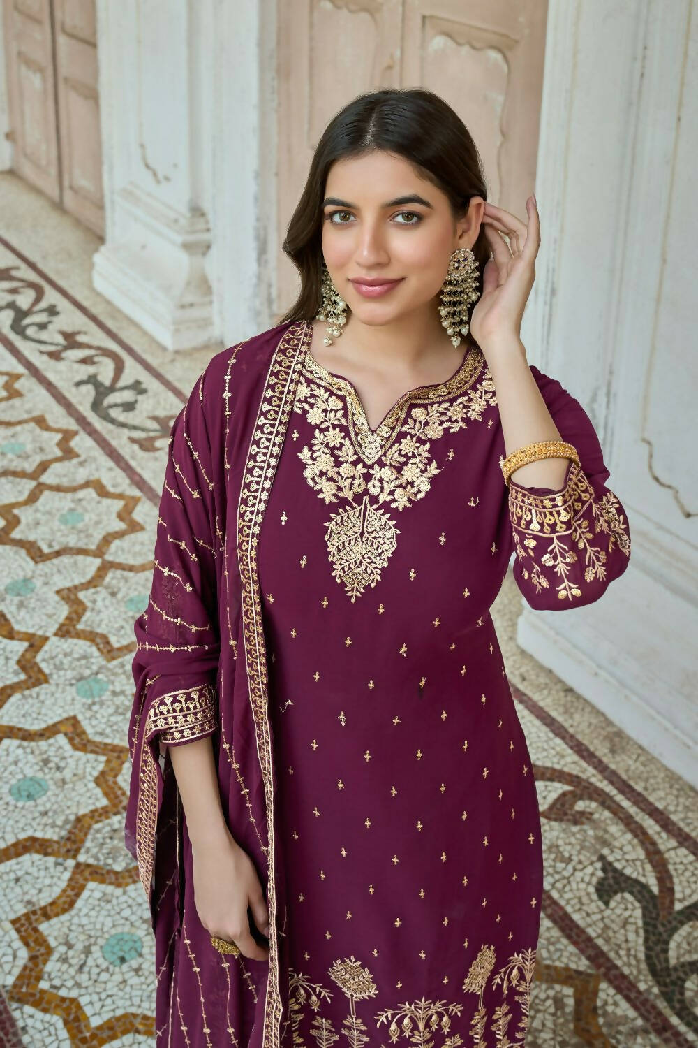 Wine Heavy Fox Georgette Embroidered Semi Stitched Suit - Dhvani