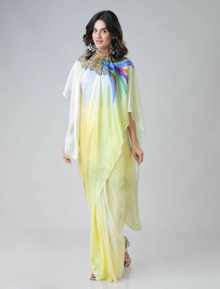 Vastranavya Ombre Yellow Multi-Color Leaves Mandalaa Print Freehand Ready to Wear Saree