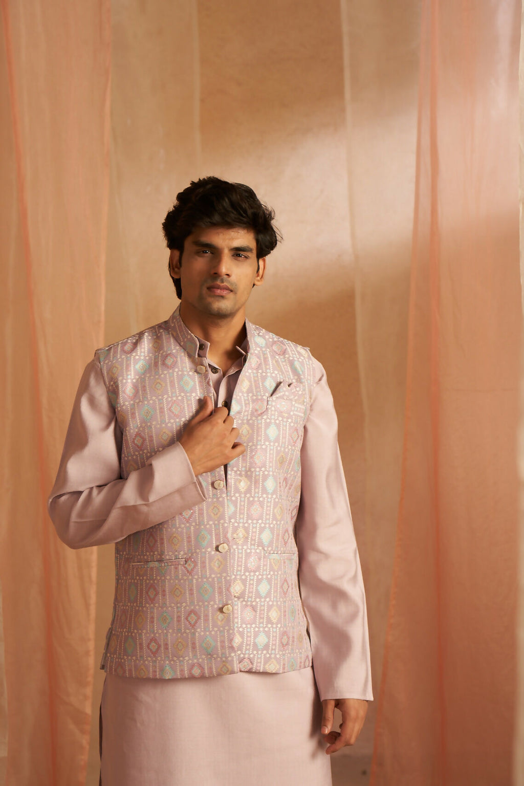 Purple Viscose Designer Printed Men's Kurta Set with Koti - Mahotsav