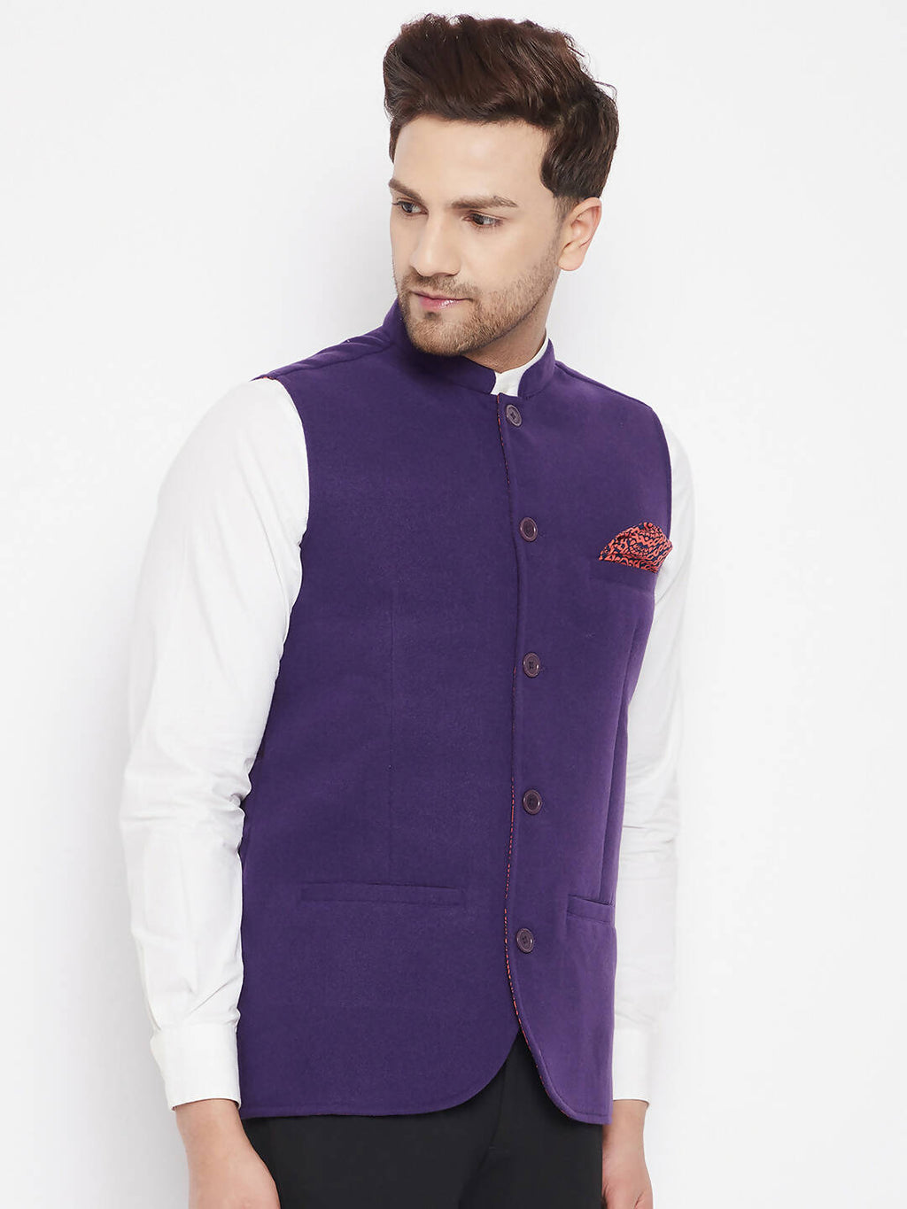 Even Apparels Purple Wool Men's Nehru Jacket-Contrast Lining-Inbuilt Pocket Square