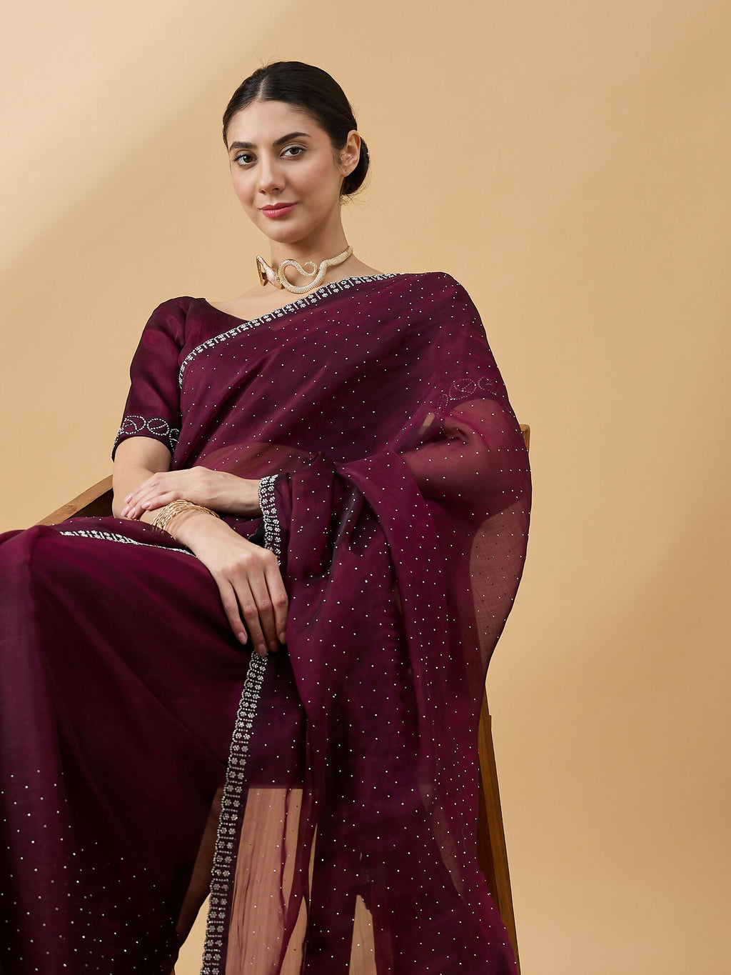 Purple Organza Swaroski Diamond Work Saree with Unstitched Blouse - Radha