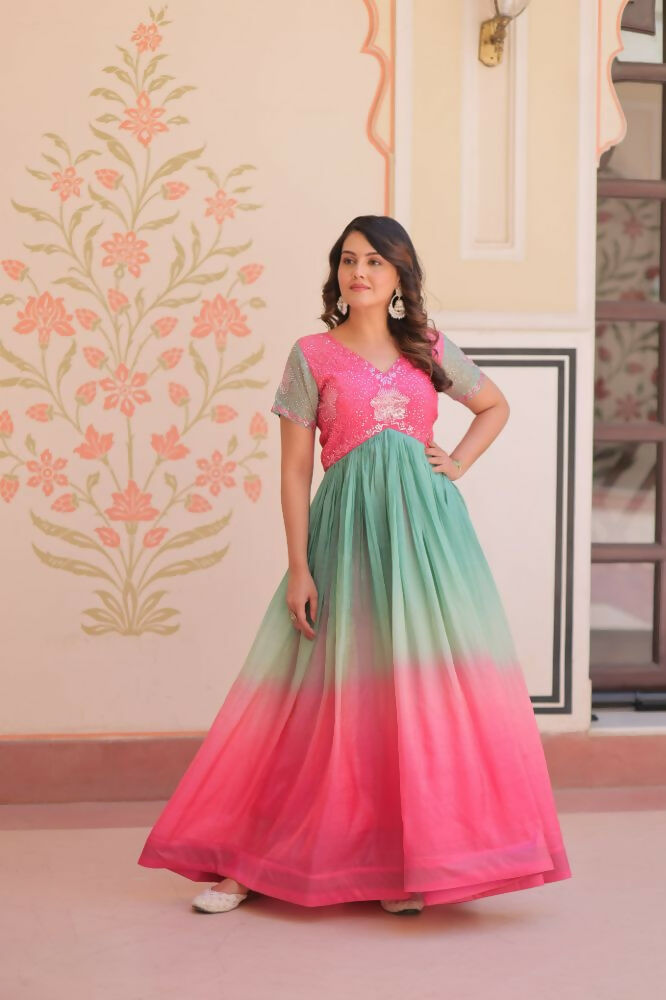 Vastranavya Pink Gold Crush Padding With Beads Embroidered Work Gown