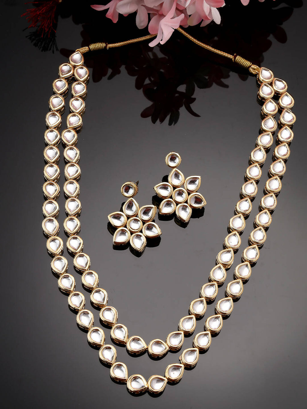 NVR Women's Gold-Polished Kundan 2 Layered Handcrafted Jewellery Sets With Drop Earrings