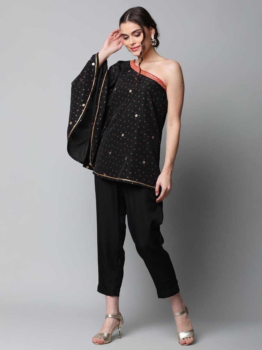 Ahalyaa Women Black Crepe Printed Top with Trouser Set