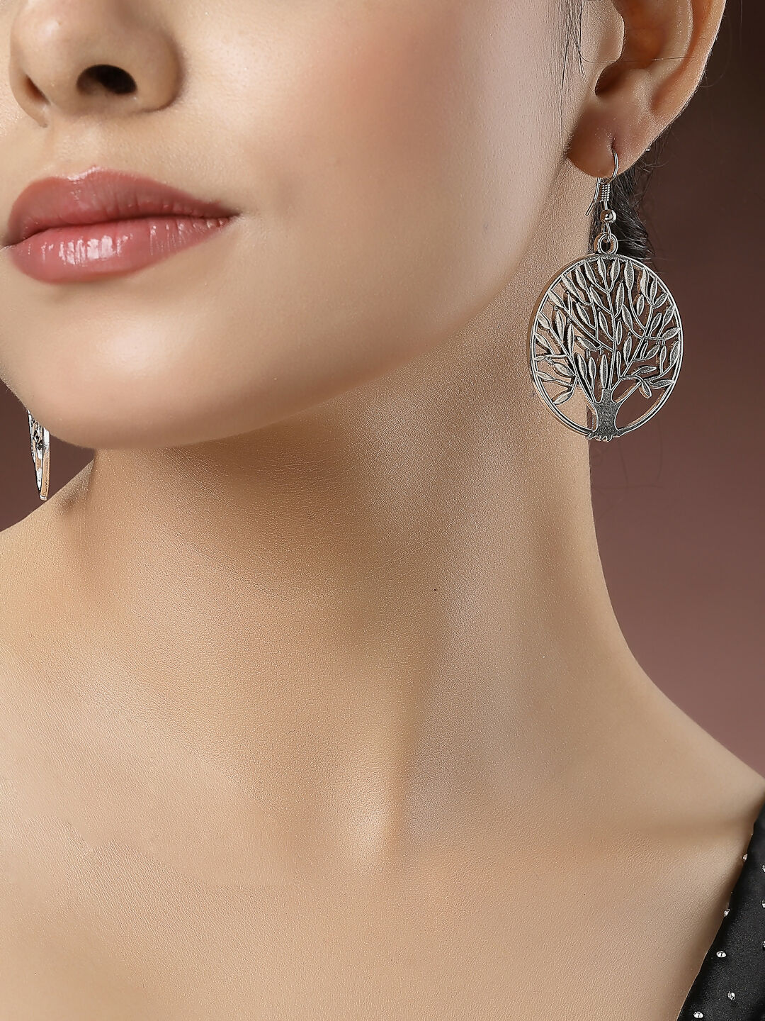NVR Women's Silver-Toned Circular Shape German Silver Oxidised Drop Earrings