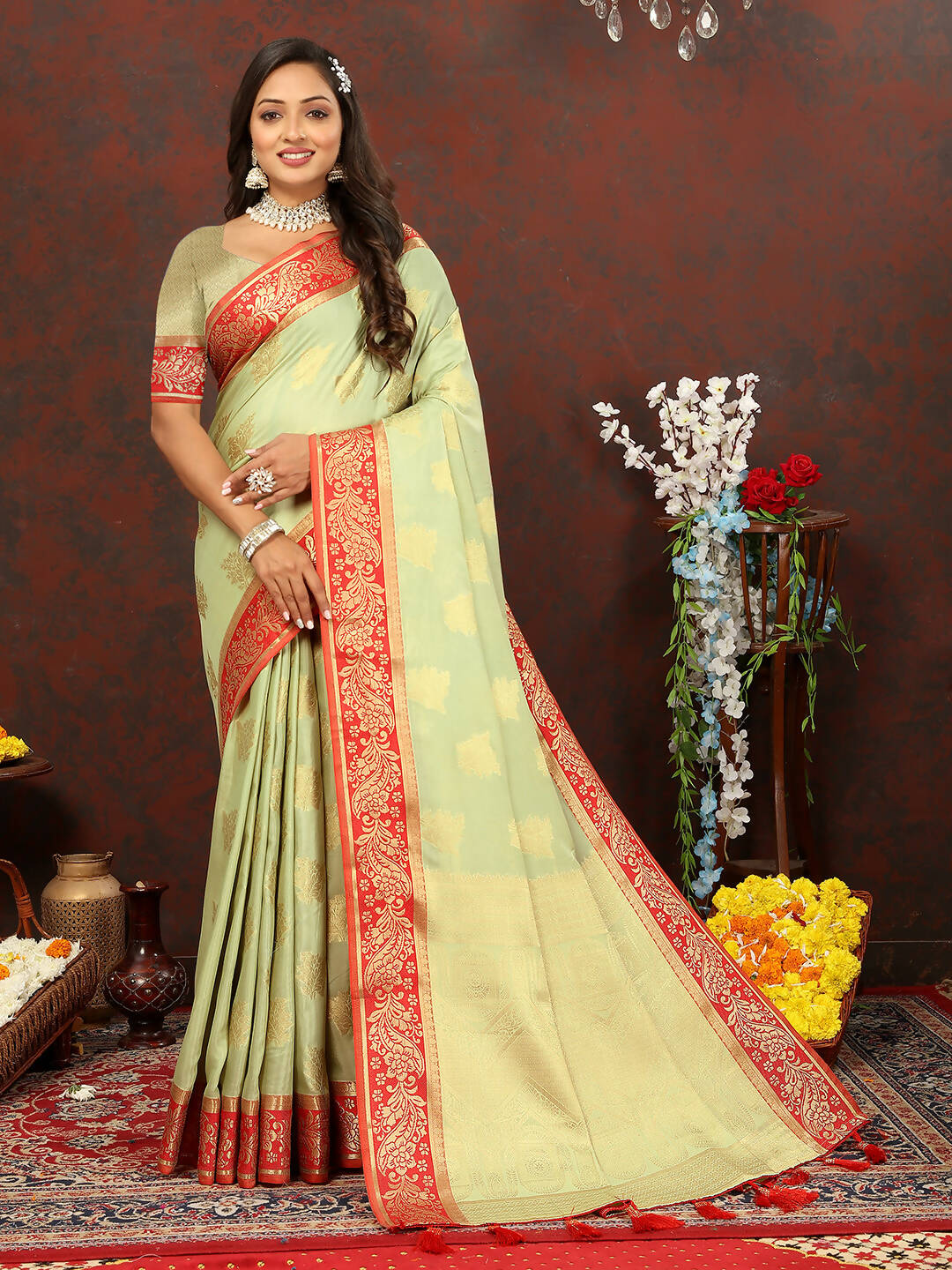 Lorenvalley Fashion Seagreen Cotton Woven Design with Zari Weaving Design Saree