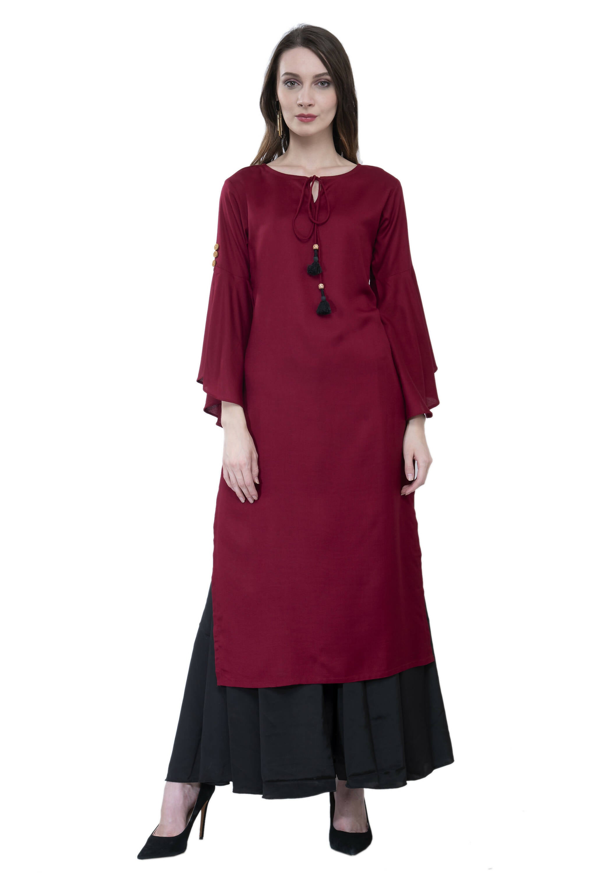 Women's Maroon Round Neck Kurti With Front Neck Opening And Dori - G & A Apparels