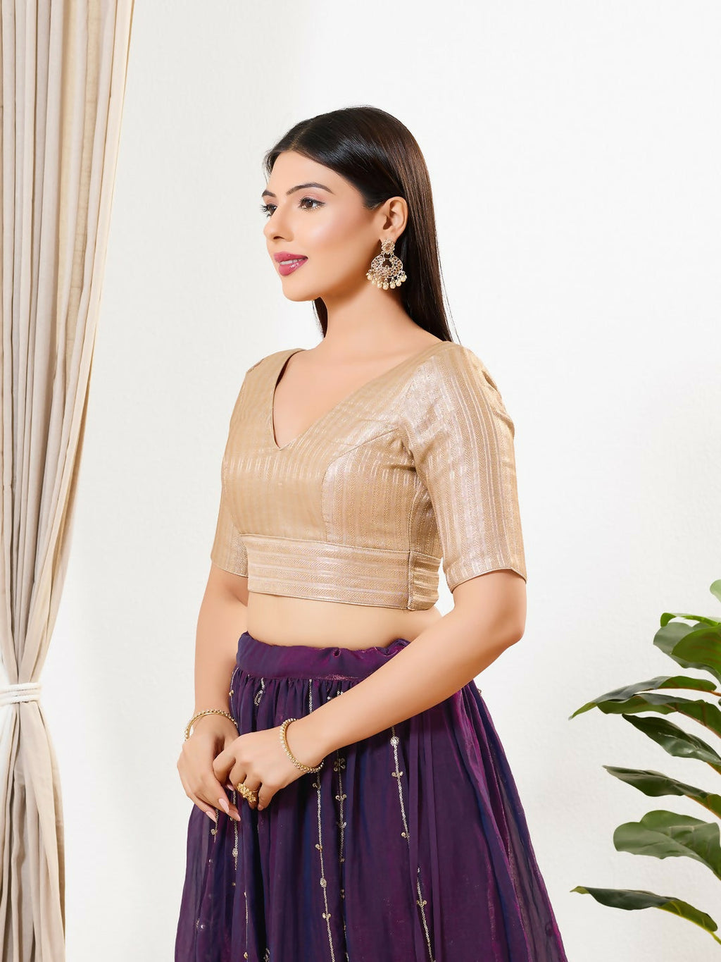 Joban Fashion Antique Gold Brocade Padded Blouse With V Neck Elbow Sleeves