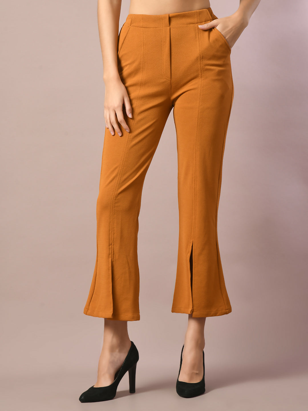 Myshka Women's Mustard Solid Boat Neck Party Top With Trousers Co-ord set