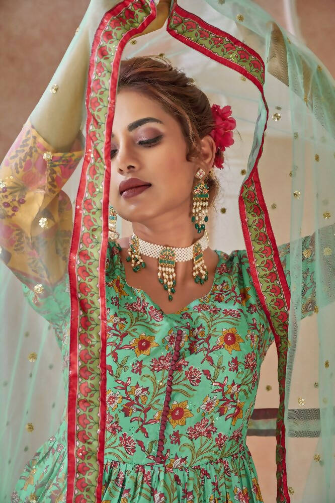 Everywhere Designer Green Dola Silk Gown With Dupatta - Anbazaar