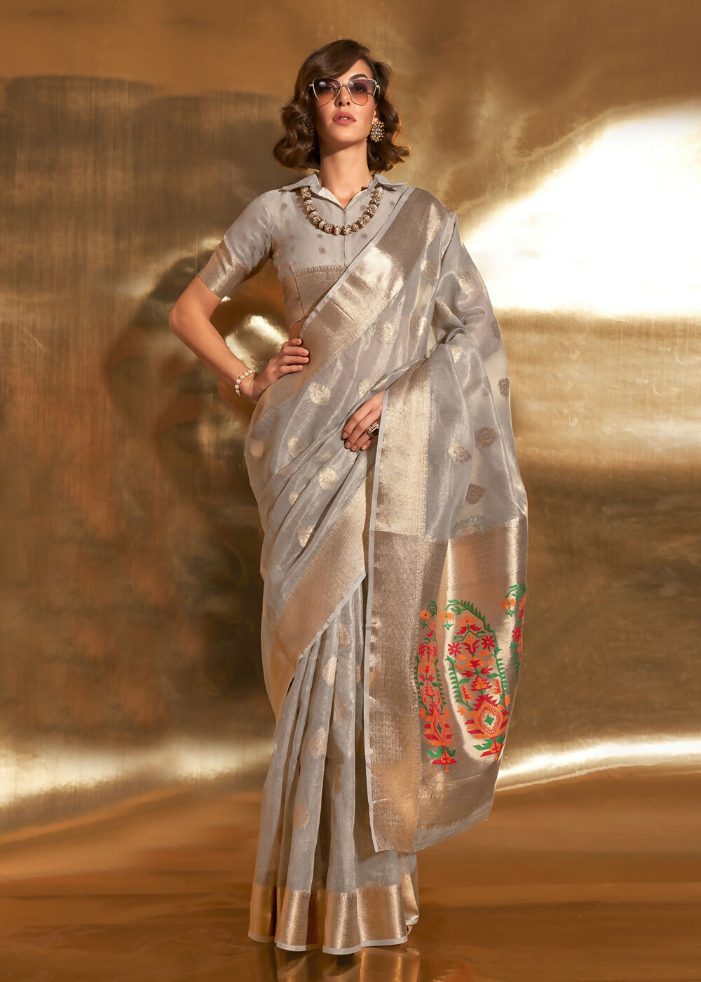 Grey Handwoven Tissue Fabric Festive & Party Style Saree - Emponline