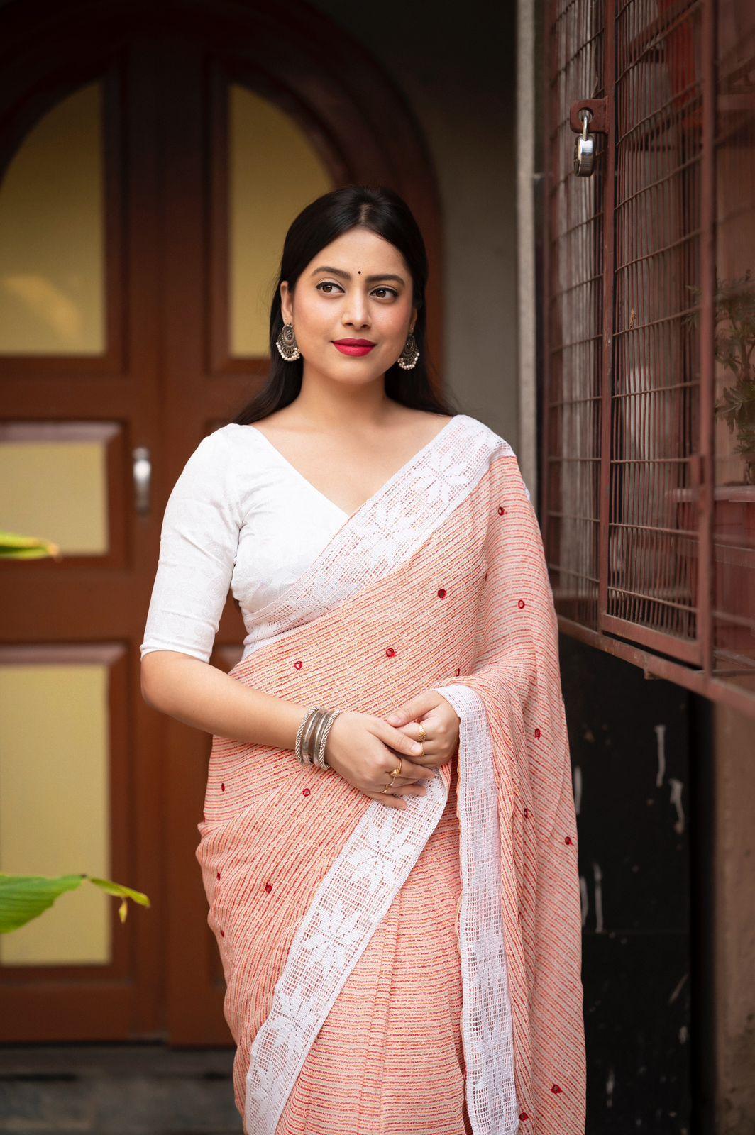 Peach Poly Georgette Ethnic Motifs Saree with Unstitched Blouse - Hiral Fashion
