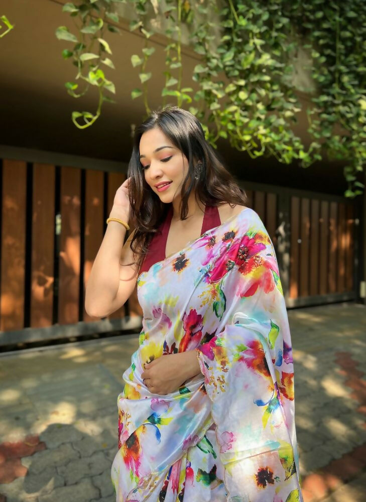 Vamsee Floral Mix Color Satin Saree