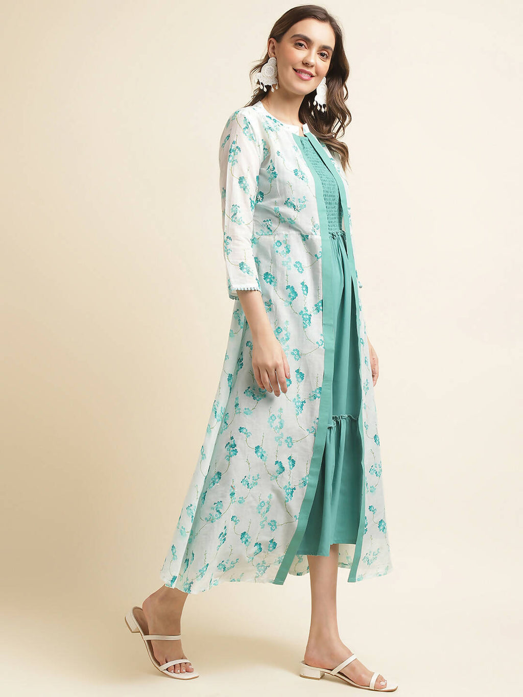 Light Blue Cotton Solid Flared Dress with Printed Shrug - Yukti