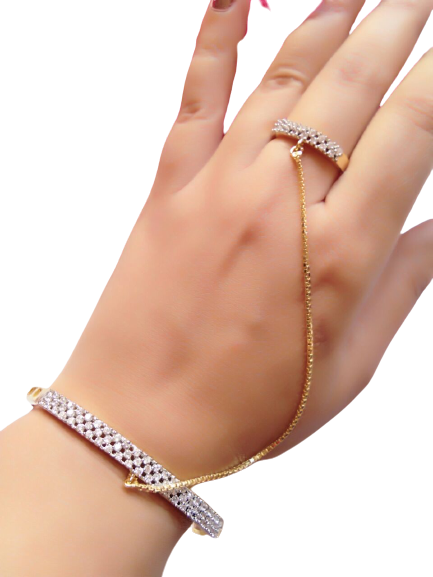 Gold-Polished Alloy American Diamond Hand Harness Bracelet - The Pari