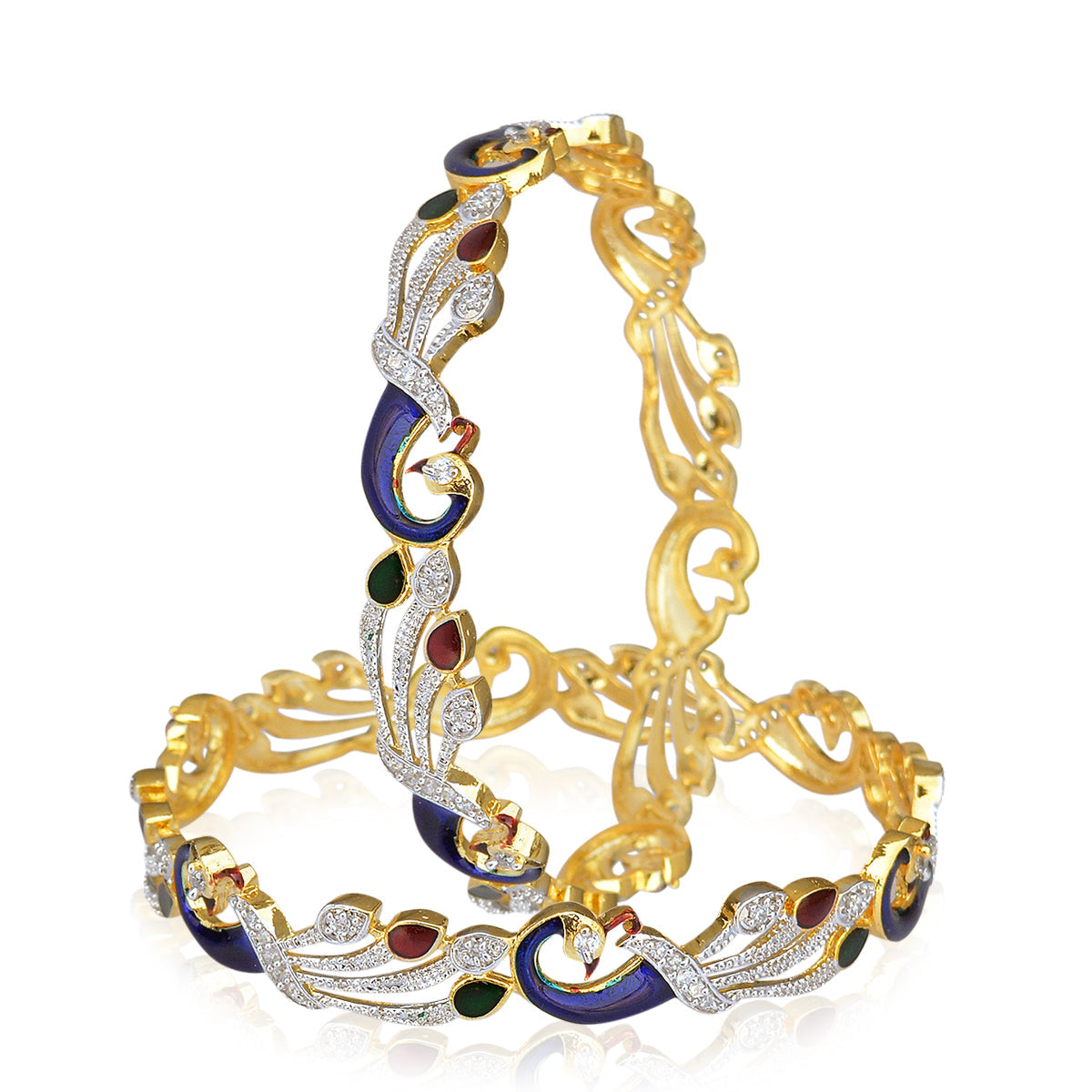 Gold-Polished Alloy Enamel Coated Ad Peacock Bangle Set - The Pari