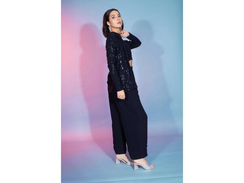 Navy Georgette Sequence With Thread Designer Co-Ord Set - Flory