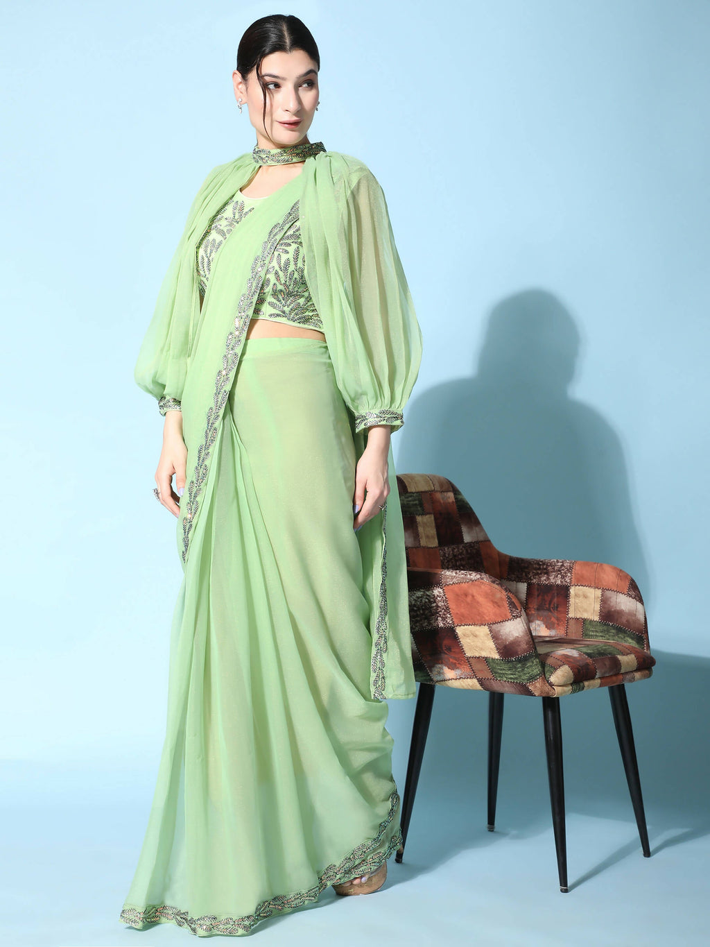 Green Fancy Pure Fabric Plain Ready to wear Saree with stitched Blouse - Vrinda