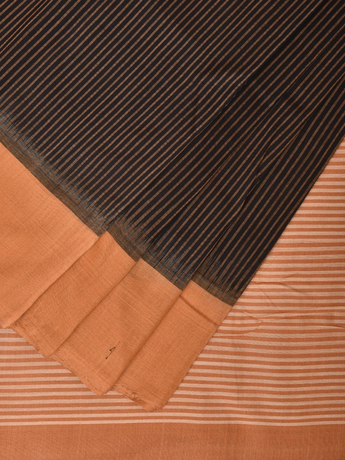 Black and Mustard Pochampally Ikat Handloom Saree with Strips Design - Global Threads