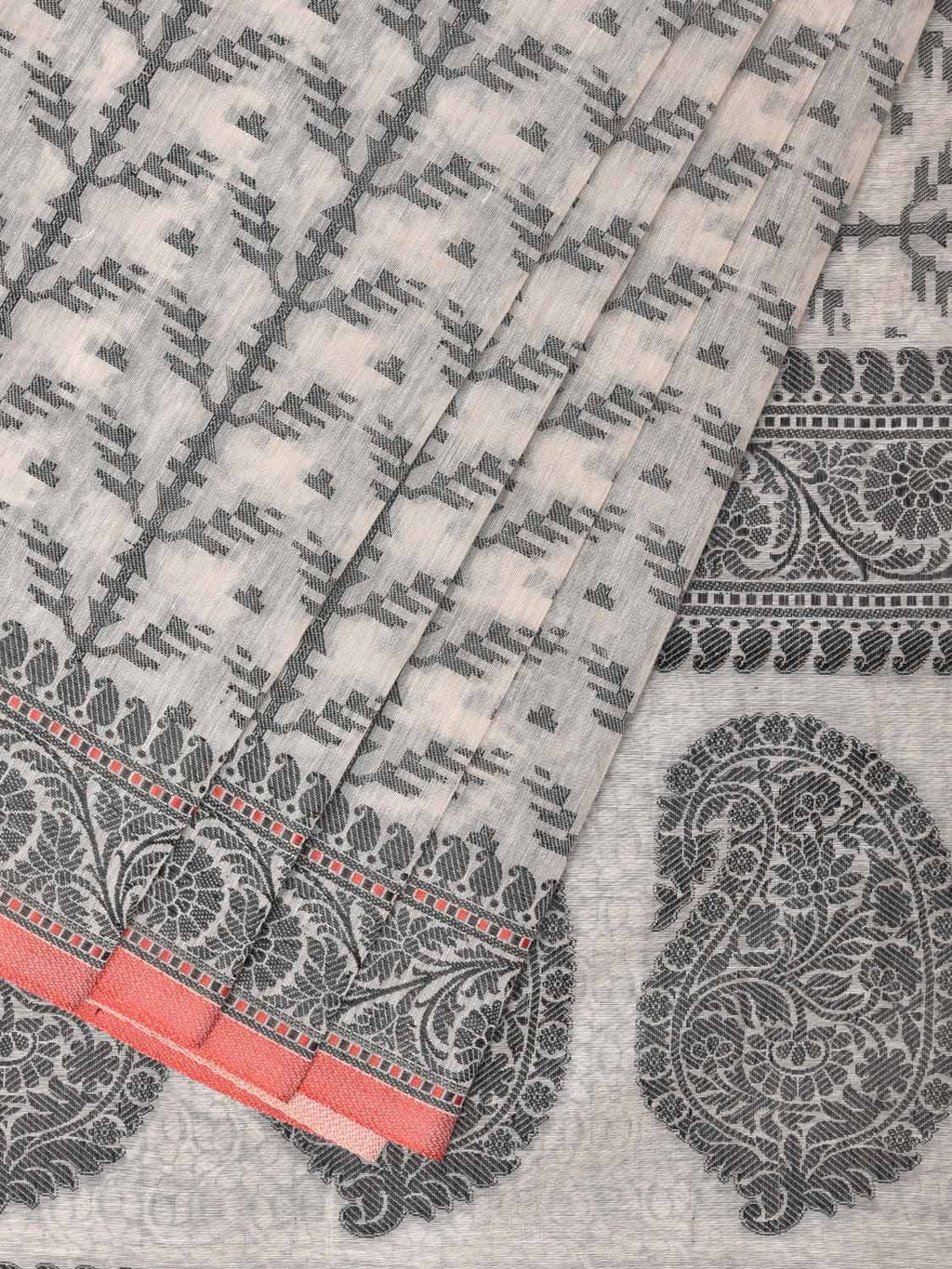 Black and White Cut Work Sico Cotton Saree with All Over and Border Design - Global Threads