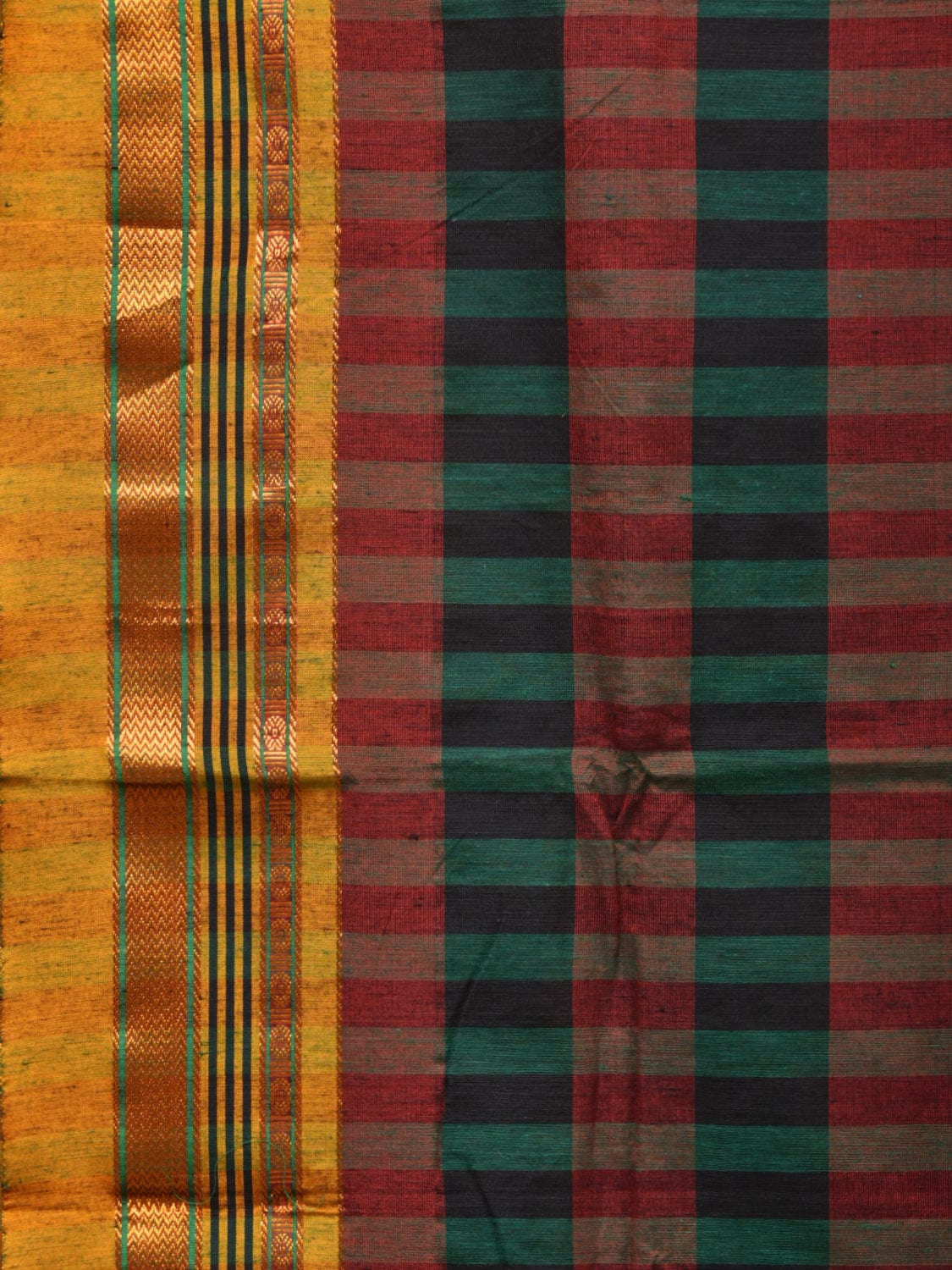 Black and Yellow ilkal Cotton Saree with Checks Design No Blouse - Global Threads