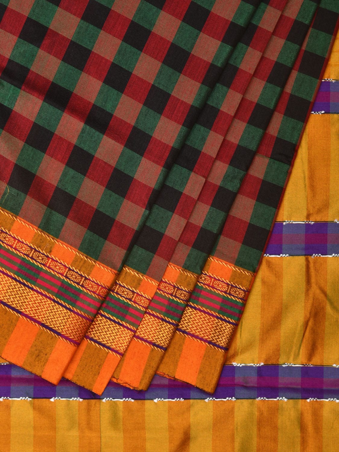 Black and Yellow ilkal Cotton Saree with Checks Design No Blouse - Global Threads