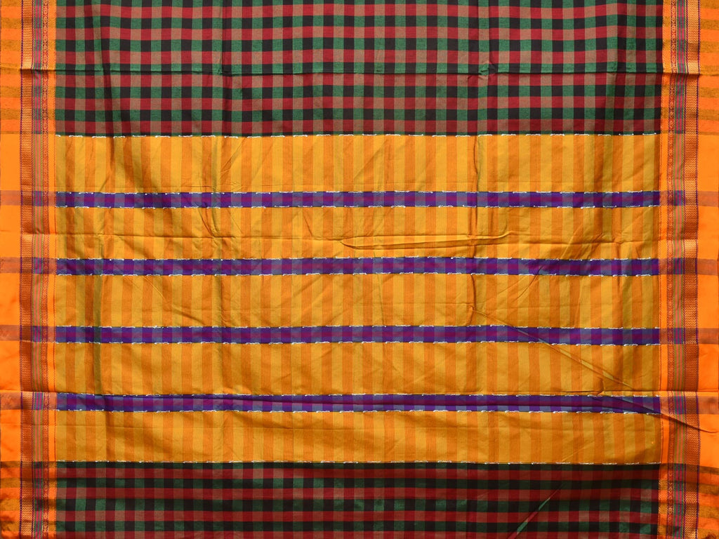 Black and Yellow ilkal Cotton Saree with Checks Design No Blouse - Global Threads