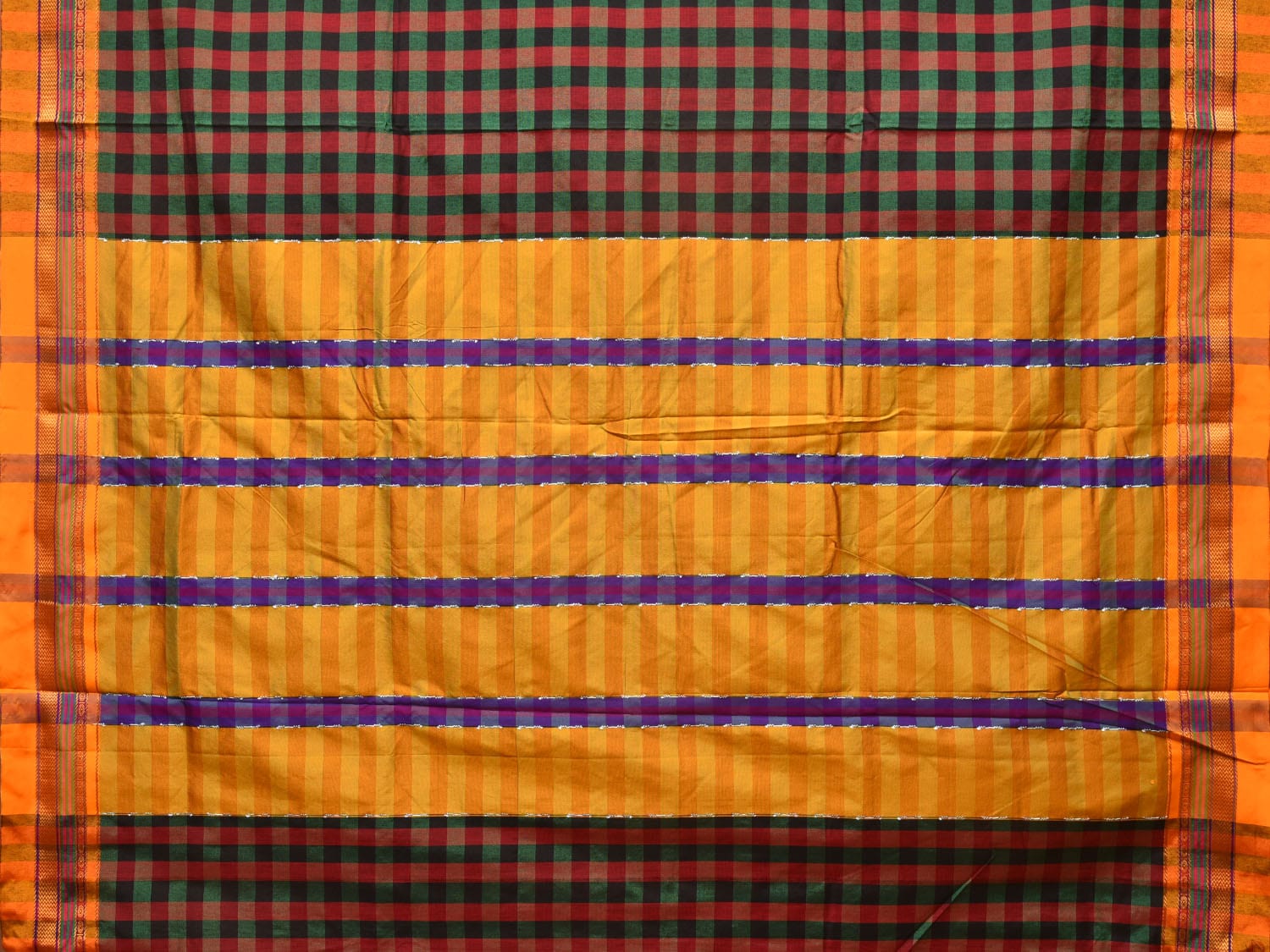 Black and Yellow ilkal Cotton Saree with Checks Design No Blouse - Global Threads