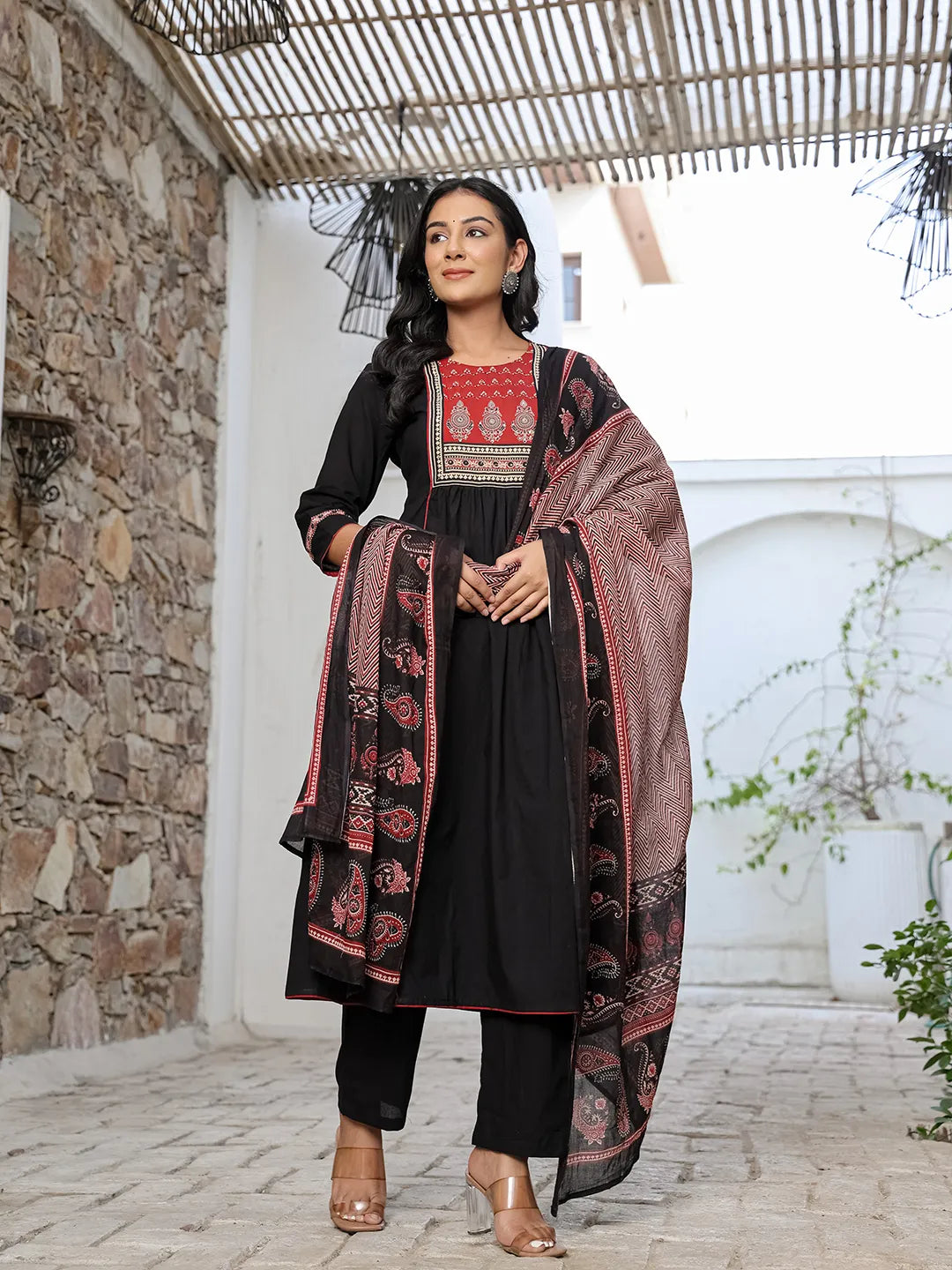 Yufta Black Cotton A Line Gathered Or Pleated Kurta Dupatta Set
