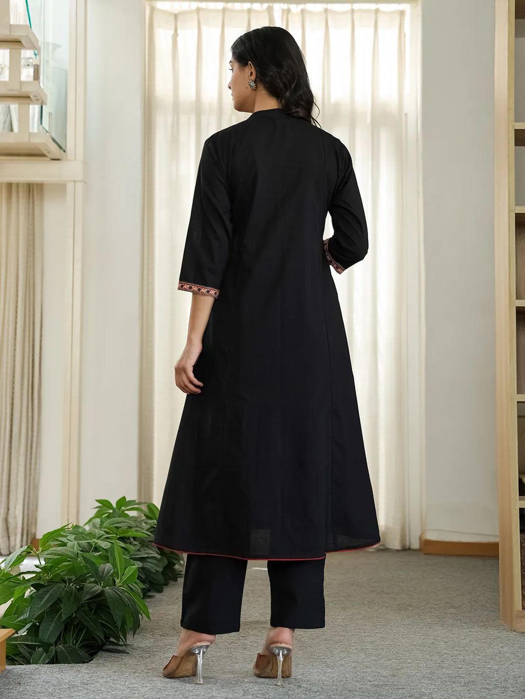 Yufta Black Cotton A Line Mandarin Collar Gathered Kurta Dupatta Set