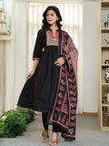 Yufta Black Cotton A Line Mandarin Collar Gathered Kurta Dupatta Set