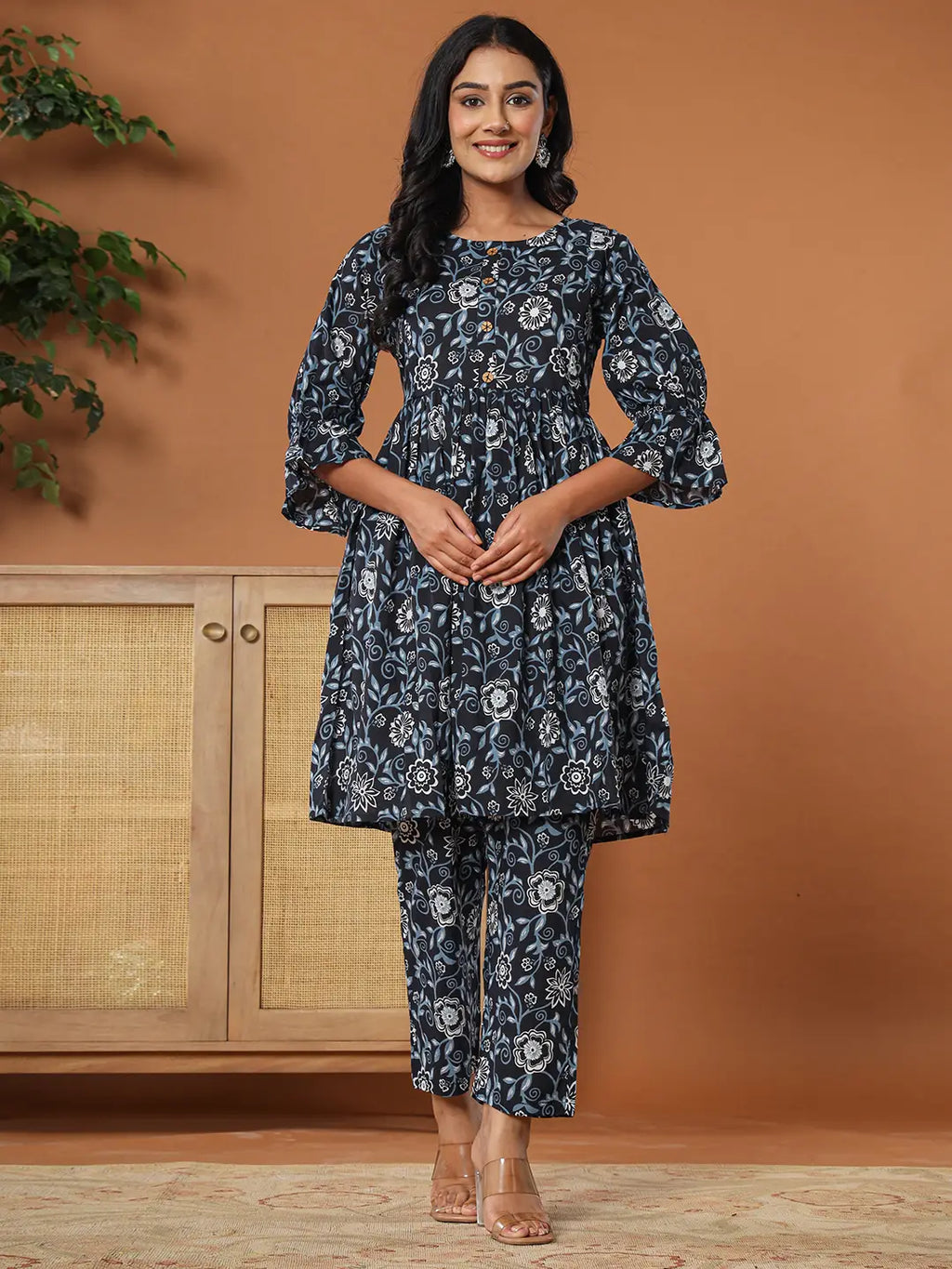 Yufta Black Cotton Maternity Peplum Kurta Pants Set