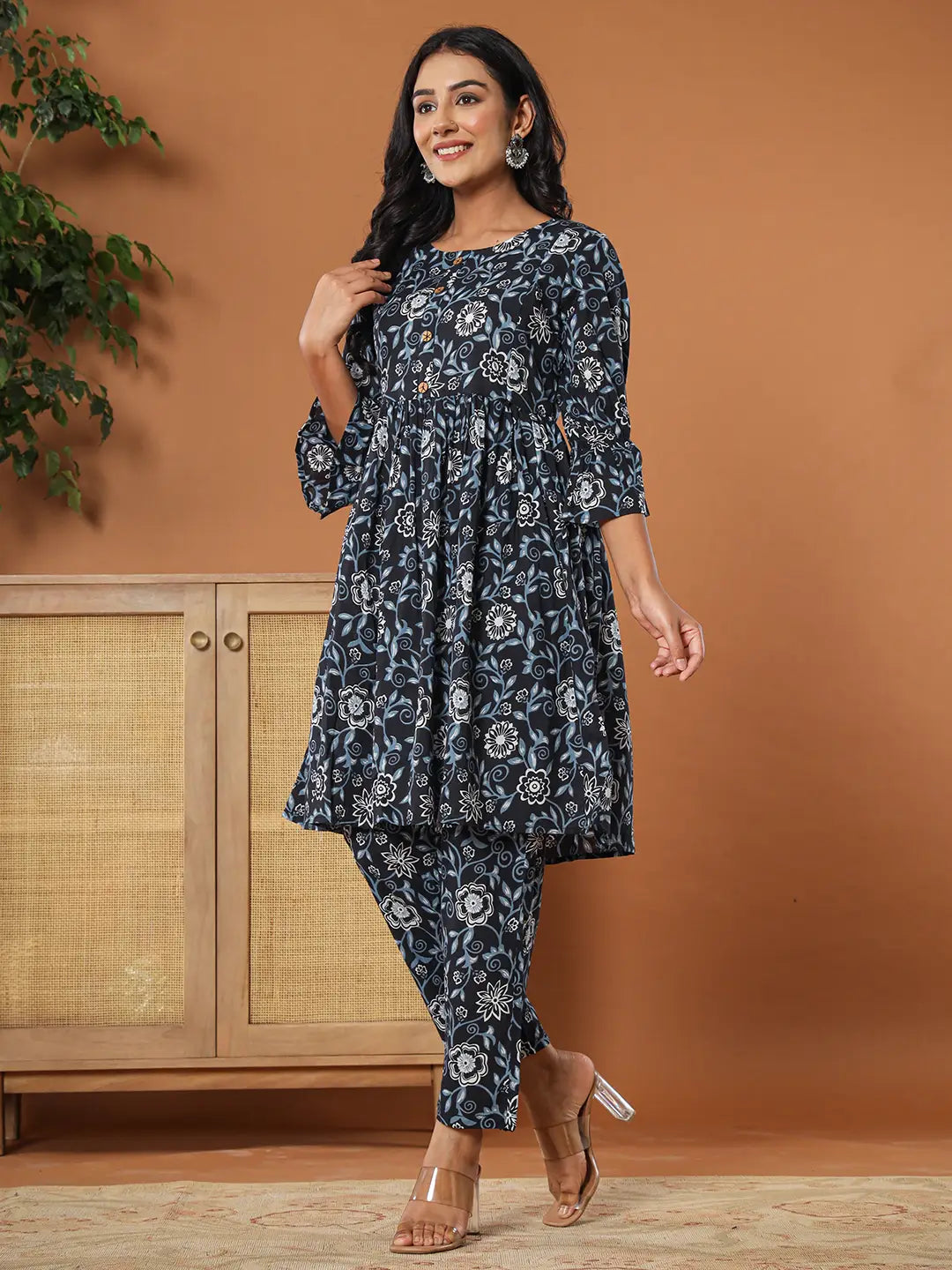 Yufta Black Cotton Maternity Peplum Kurta Pants Set