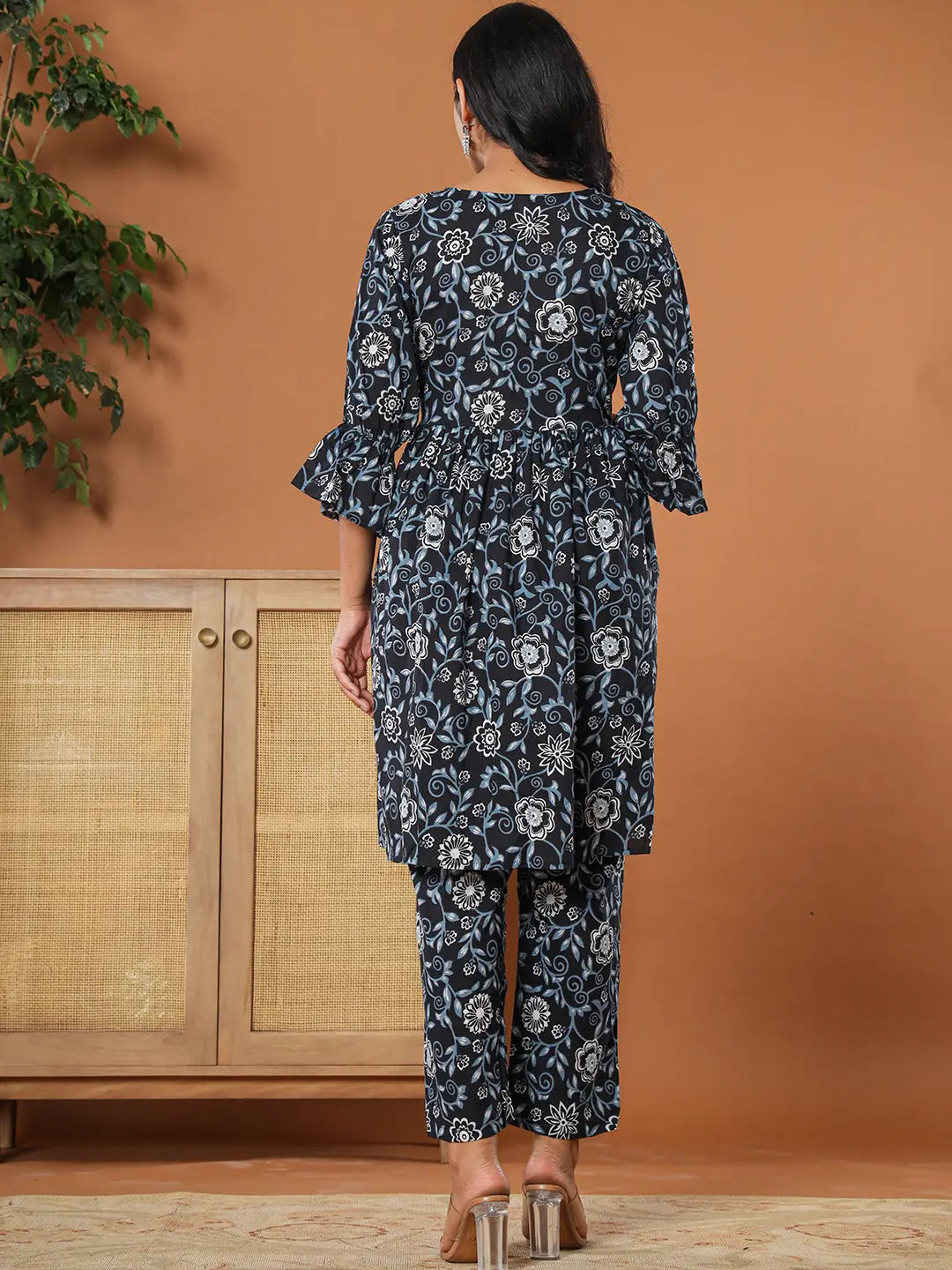 Yufta Black Cotton Maternity Peplum Kurta Pants Set