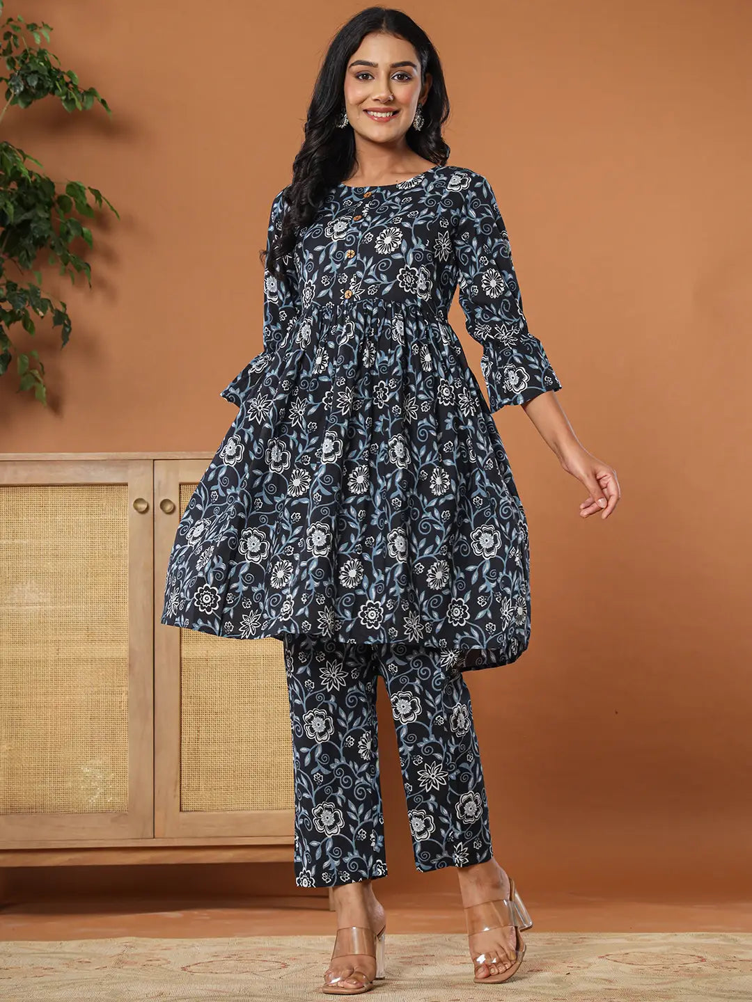 Yufta Black Cotton Maternity Peplum Kurta Pants Set