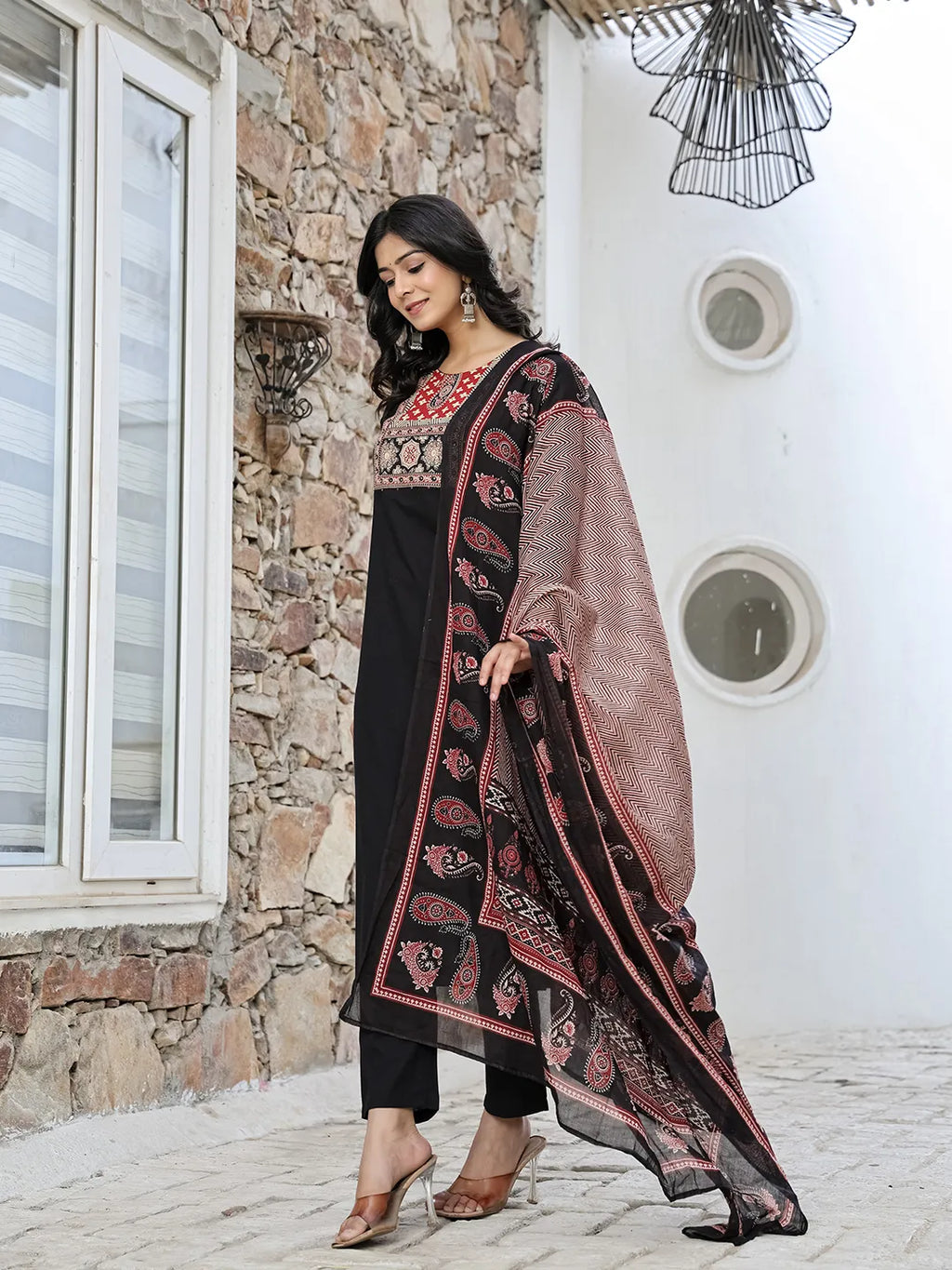 Yufta Black Cotton Sequins Work Straight Kurta Set