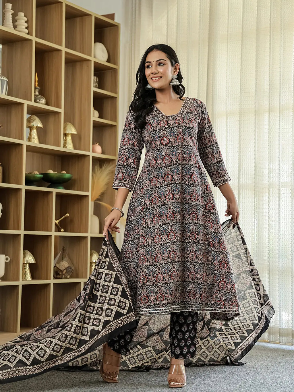 Yufta Black Ethnic Motifs A-Line Kurta Trouser Dupatta Set With Bucket Neck