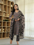 Yufta Black Ethnic Motifs A-Line Kurta Trouser Dupatta Set With Bucket Neck