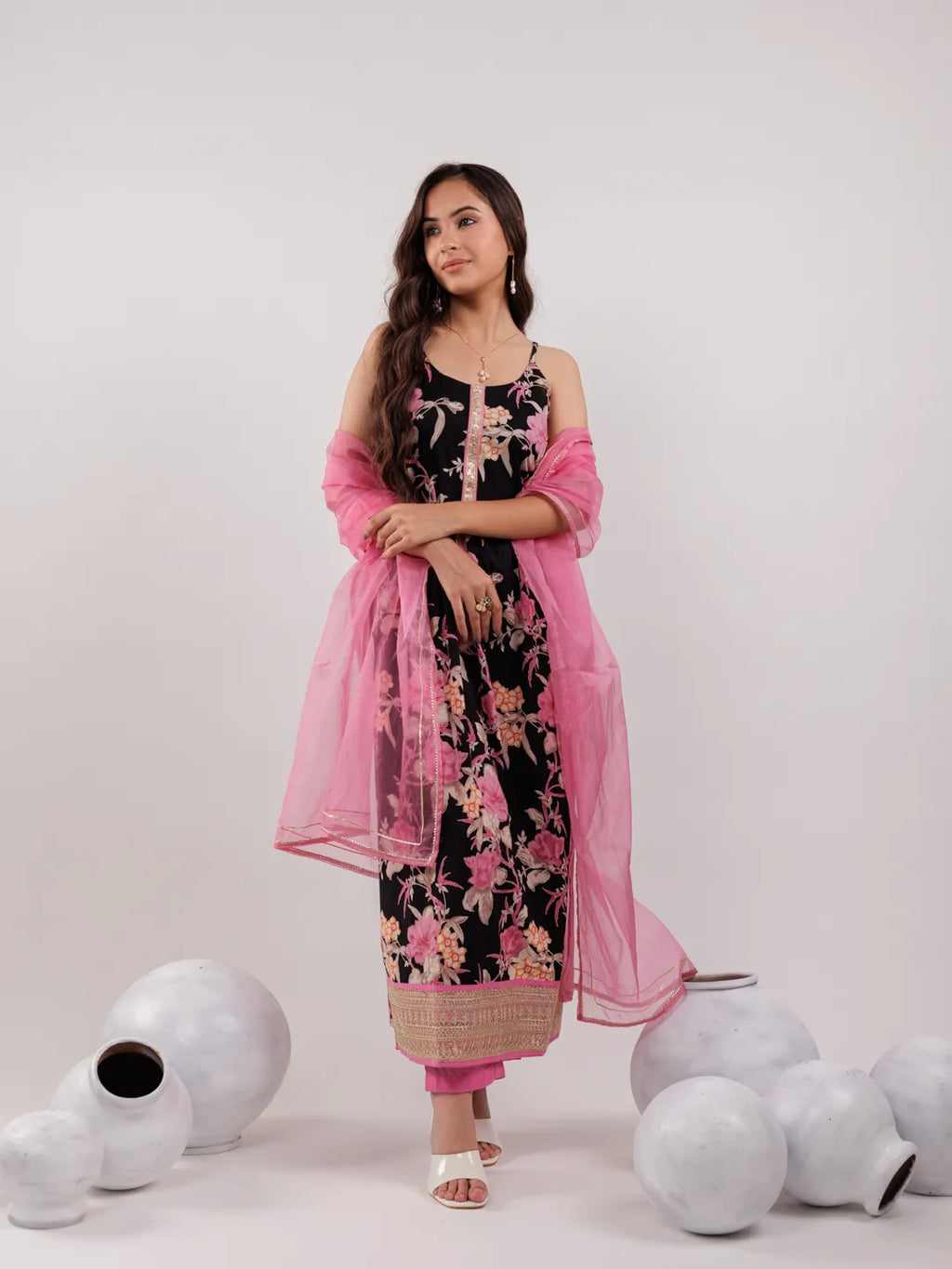 Yufta Black Floral Print Cotton Fit And Flare Kurta Trouser & Dupatta Set