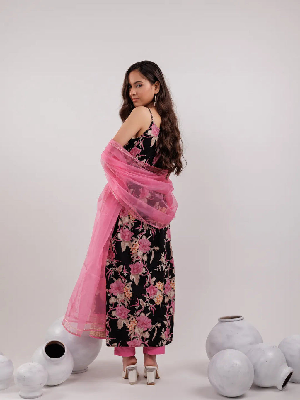 Yufta Black Floral Print Cotton Fit And Flare Kurta Trouser & Dupatta Set
