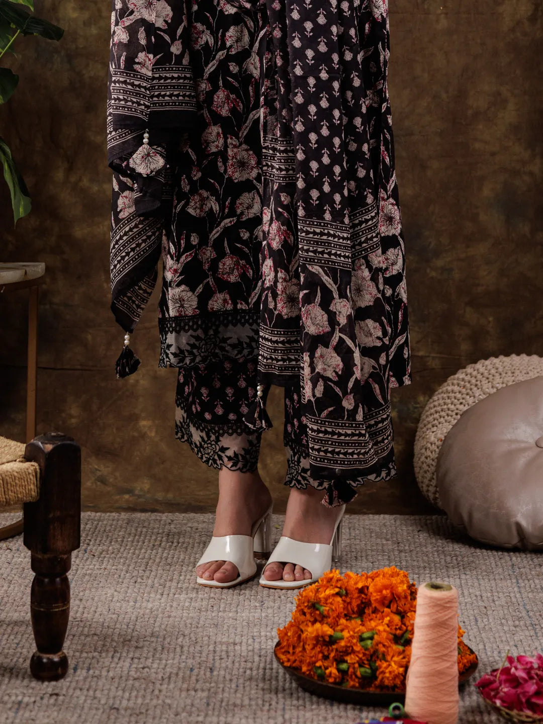 Yufta Black Floral Print Pure Cotton Beads Straight Kurta Dupatta Set With Lace Detailing