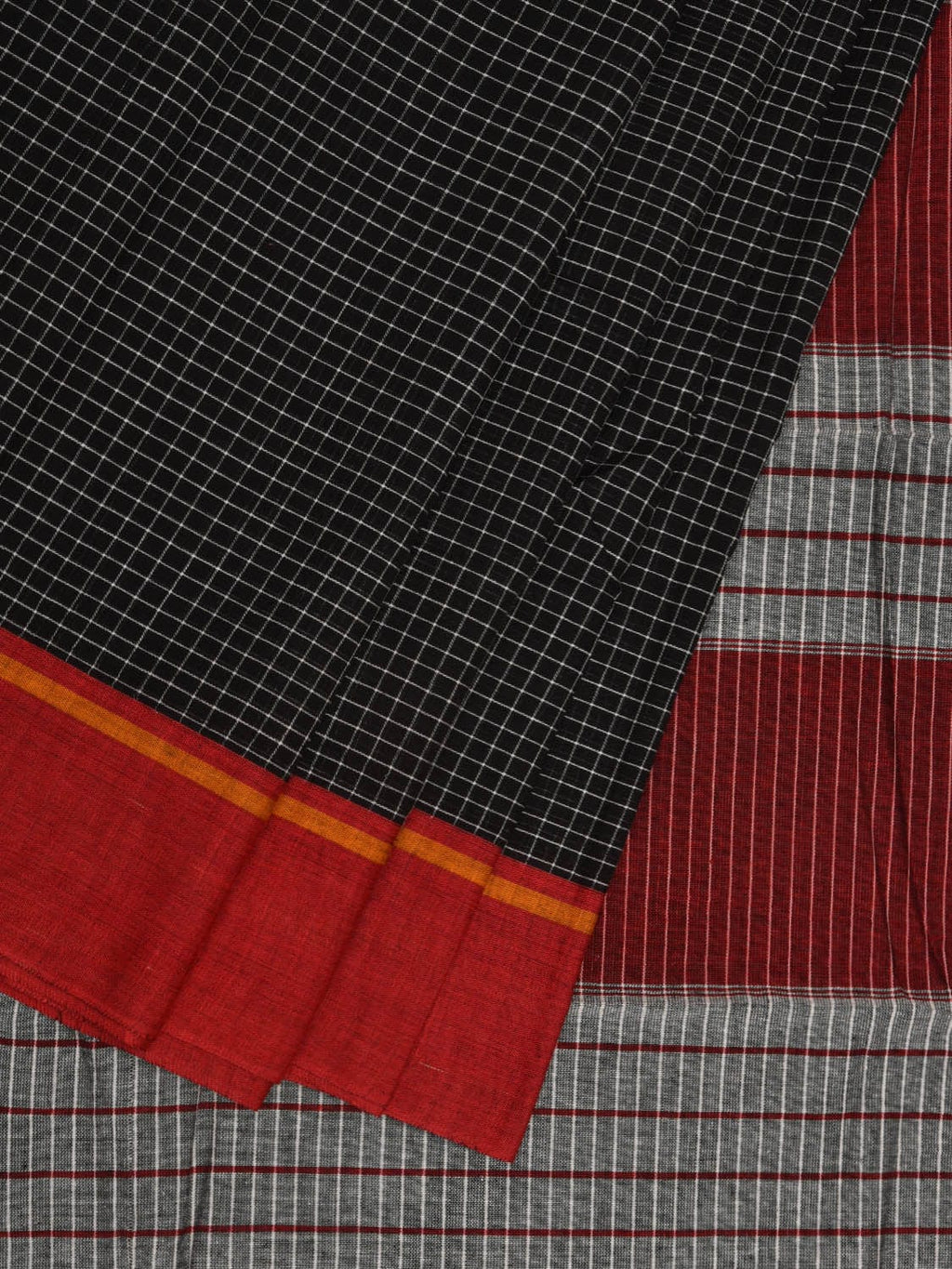 Black ilkal Cotton Handloom Saree with Checks and Ganga-Jamuna Border Design No Blouse - Global Threads