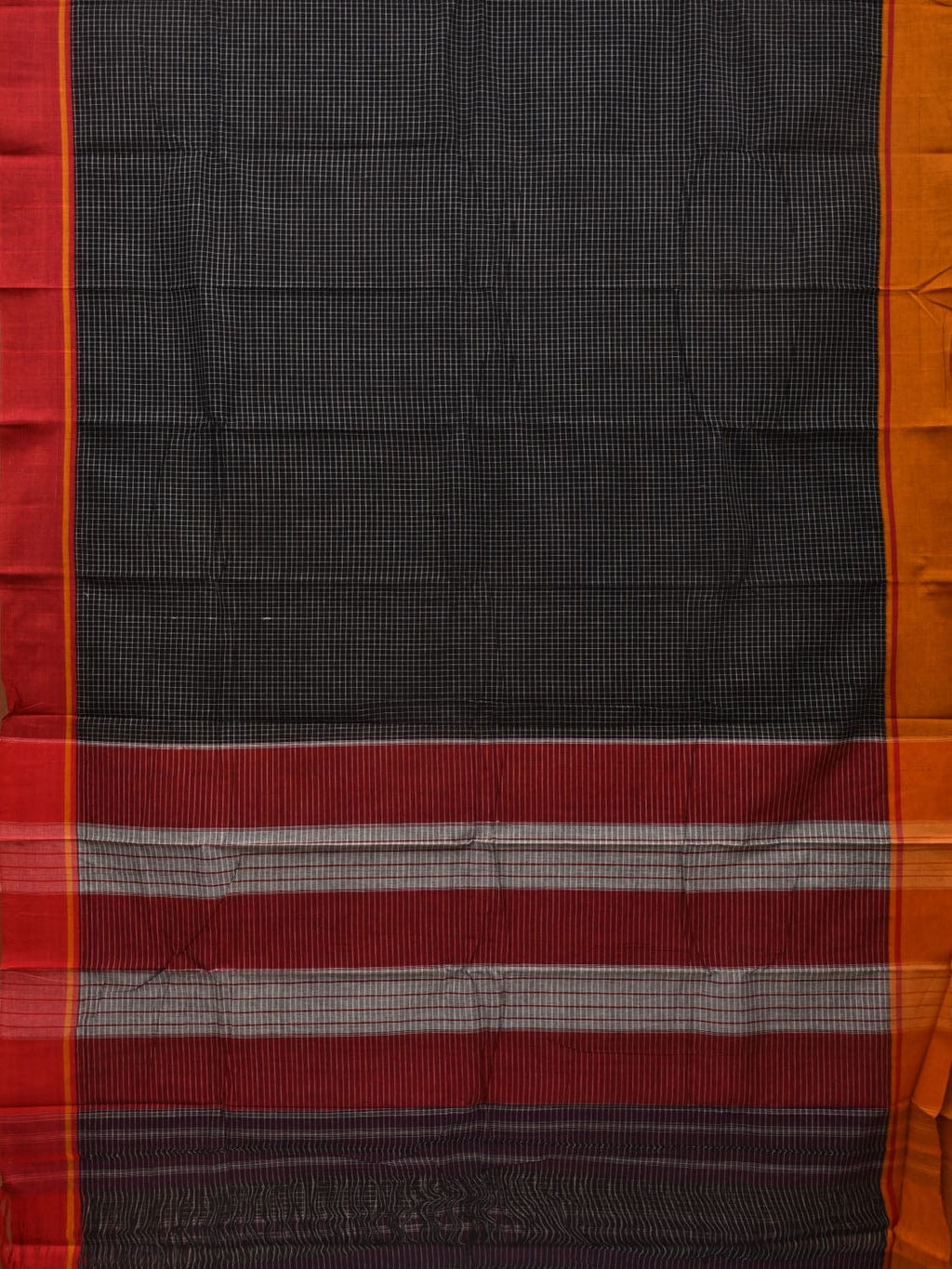 Black ilkal Cotton Handloom Saree with Checks and Ganga-Jamuna Border Design No Blouse - Global Threads
