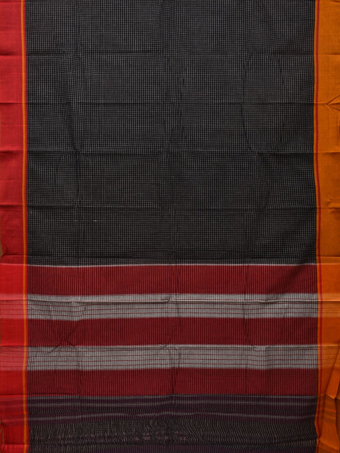 Black ilkal Cotton Handloom Saree with Checks and Ganga-Jamuna Border Design No Blouse - Global Threads