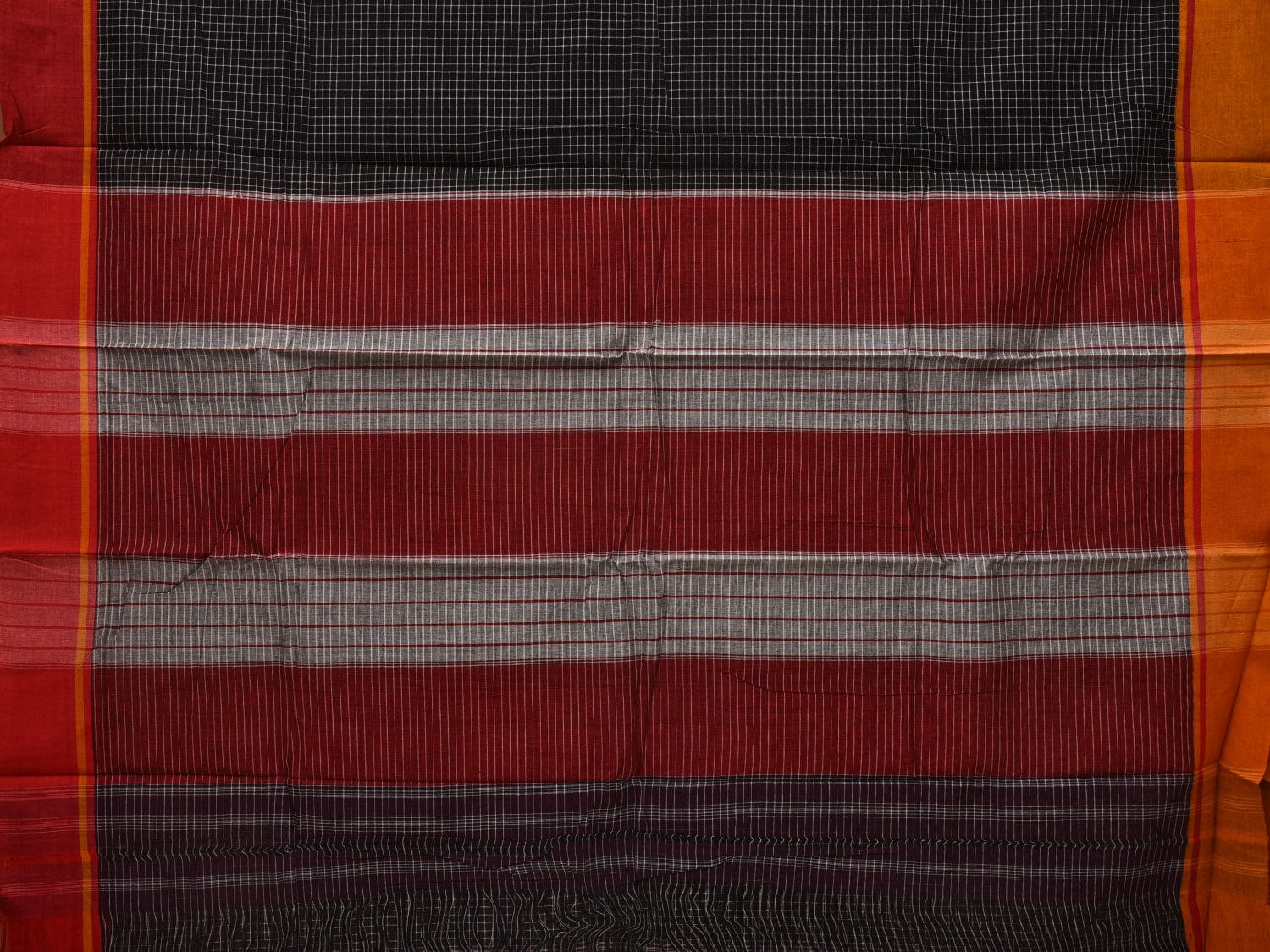 Black ilkal Cotton Handloom Saree with Checks and Ganga-Jamuna Border Design No Blouse - Global Threads