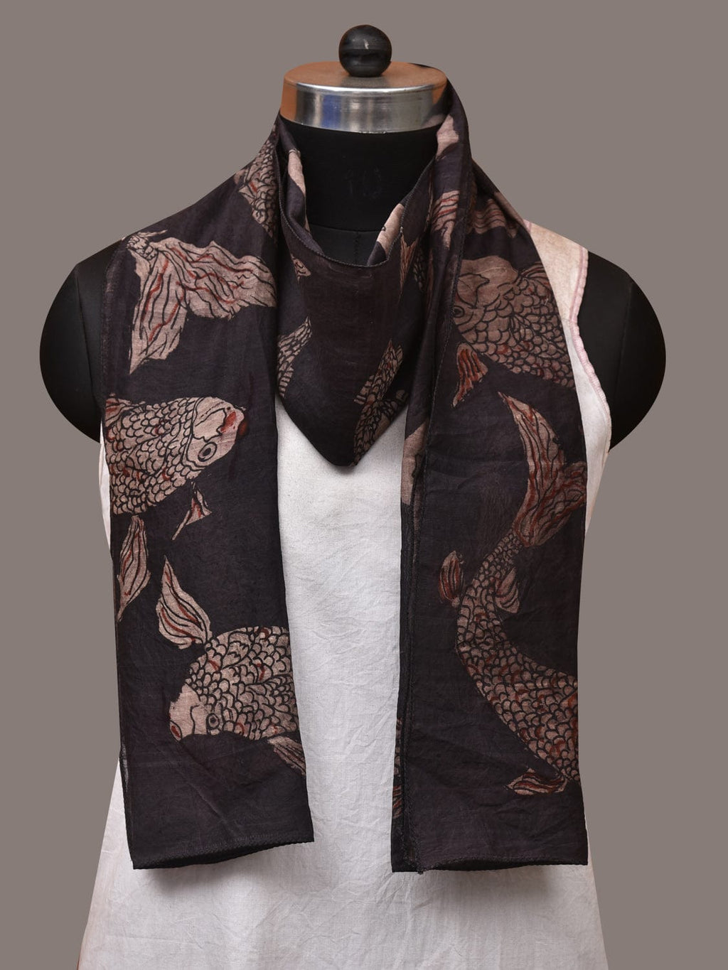 Black Kalamkari Hand Painted Tussar Cotton Handloom Stole with Fishes Design - Global Threads