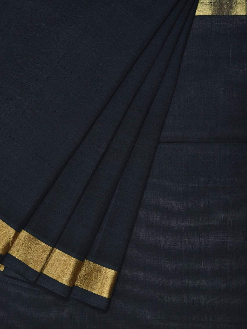 Black Khadi Cotton Handloom Plain Saree with Zari Border - Global Threads
