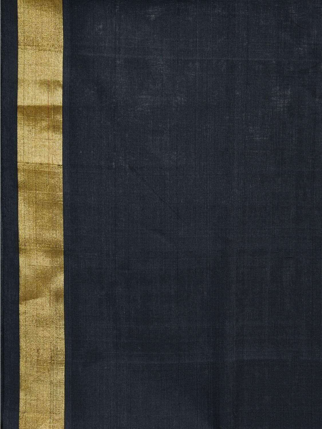 Black Khadi Cotton Handloom Plain Saree with Zari Border - Global Threads