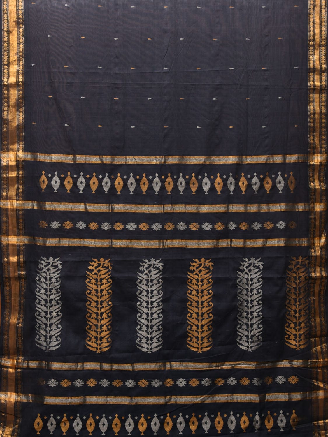 Black Uppada Cotton Handloom Saree with Karpur Pallu Design - Global Threads